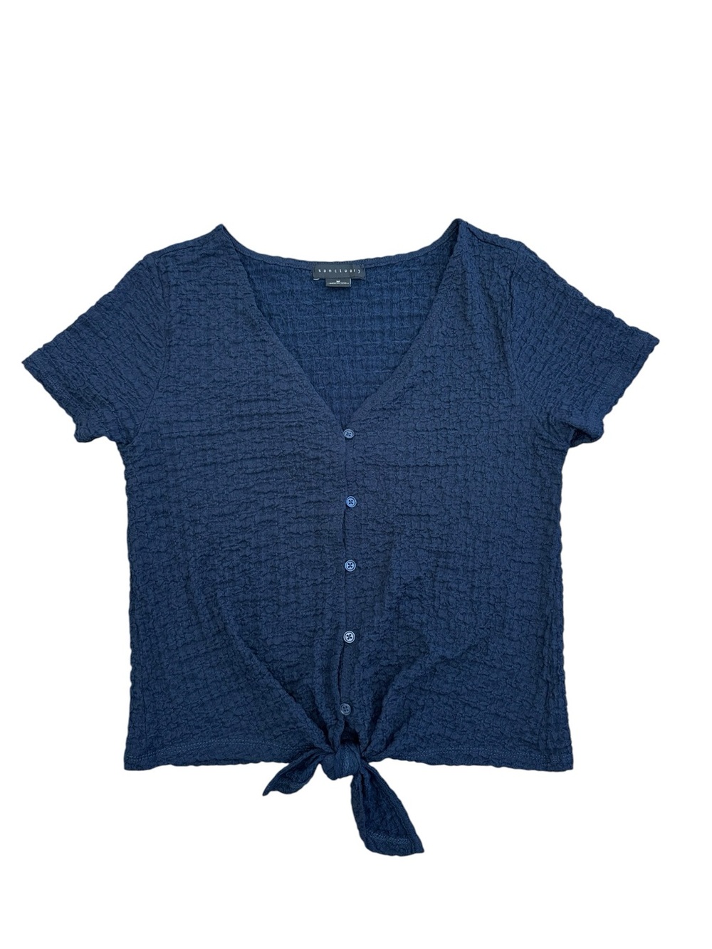 Sanctuary Navy Textured Tie Front Button Top Medium Coastal Minimalist - Picture 2 of 8